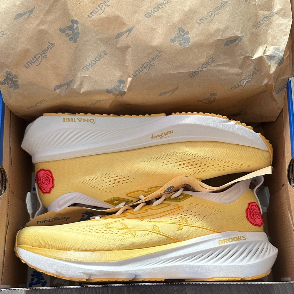 Brooks Yellow Running Sneakers with Red Rose Accent